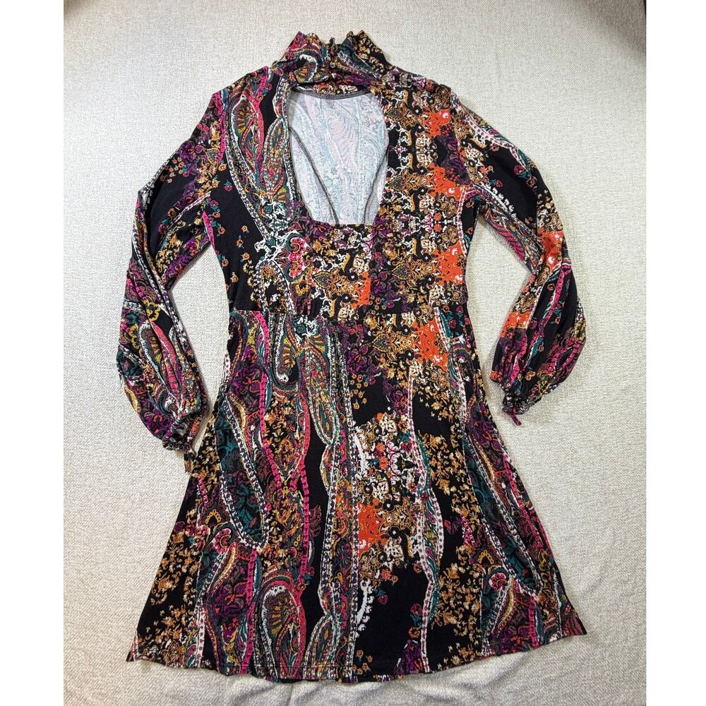 Free People Women Large Black Long Sleeve Knee Length Artsy Goth Carnival Dress - Picture 2 of 11